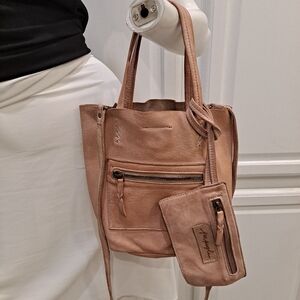 Free People Blush Tan Leather Shoulder Hobo Tote with Zip Pouch Wallet